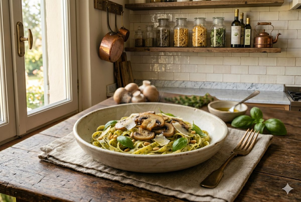 Pasta al pesto con Champiñón